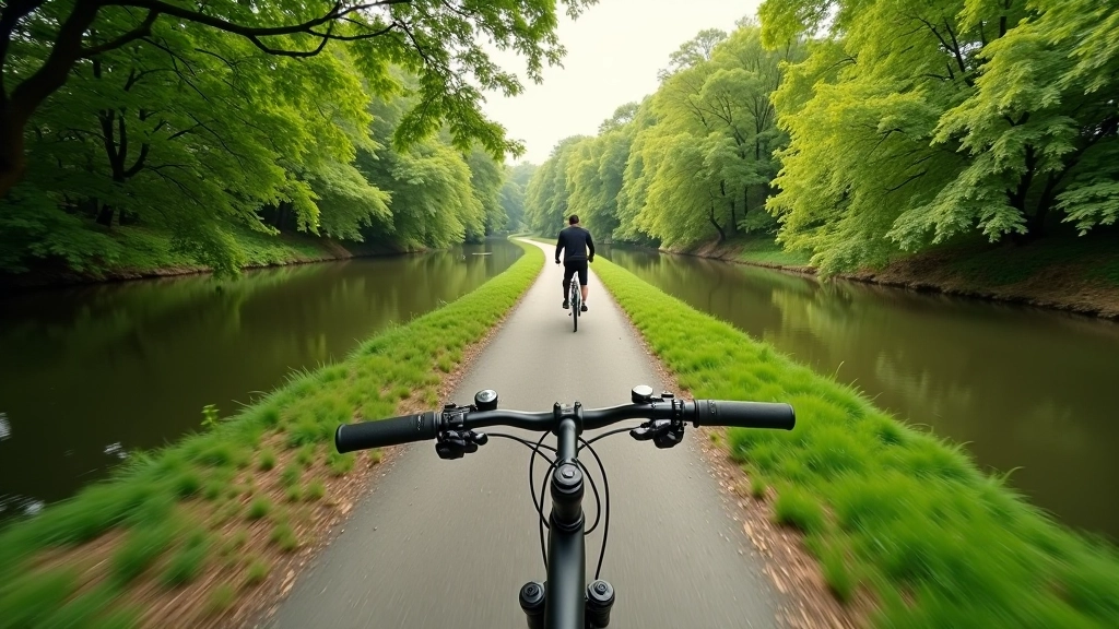 Cycling path running alongside calm river with trees lining the route
