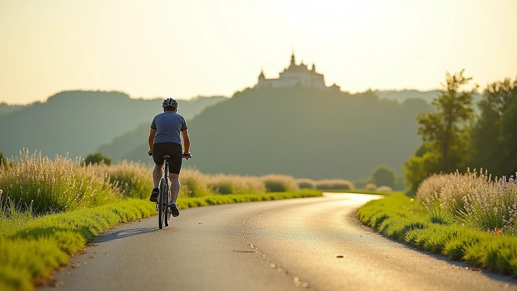 Cyclist riding on smooth paved path with castles visible on hilltop in distance