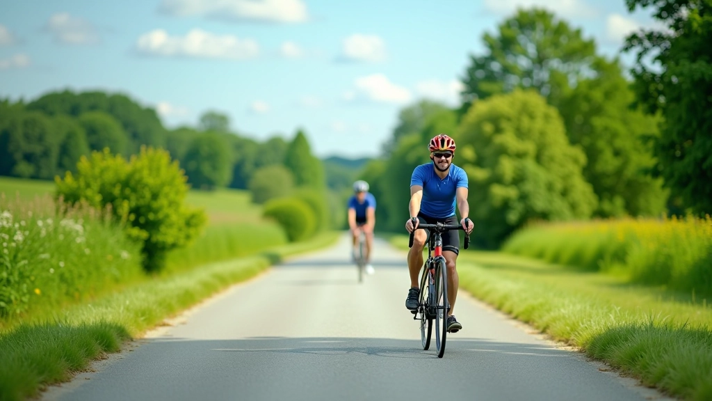 Cyclist riding on paved greenway path through green Czech countryside with trees and blue sky