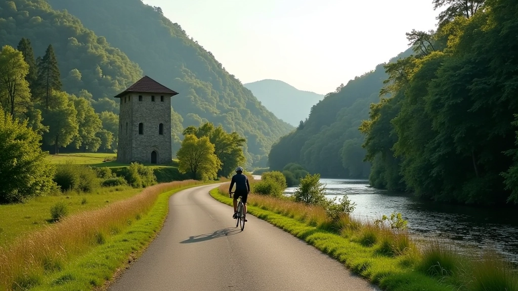 Cyclist on paved path following river valley with steep forested hills on both sides, historic stone tower visible on hilltop, Vltava River flowing alongside path