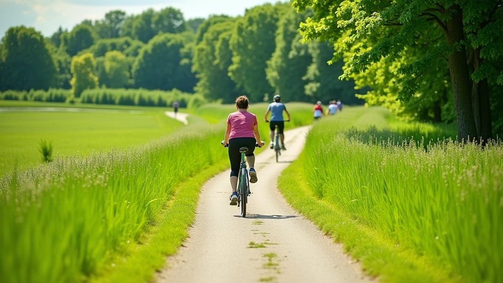 Cyclists riding through green meadows with river visible on left side, trees lining path