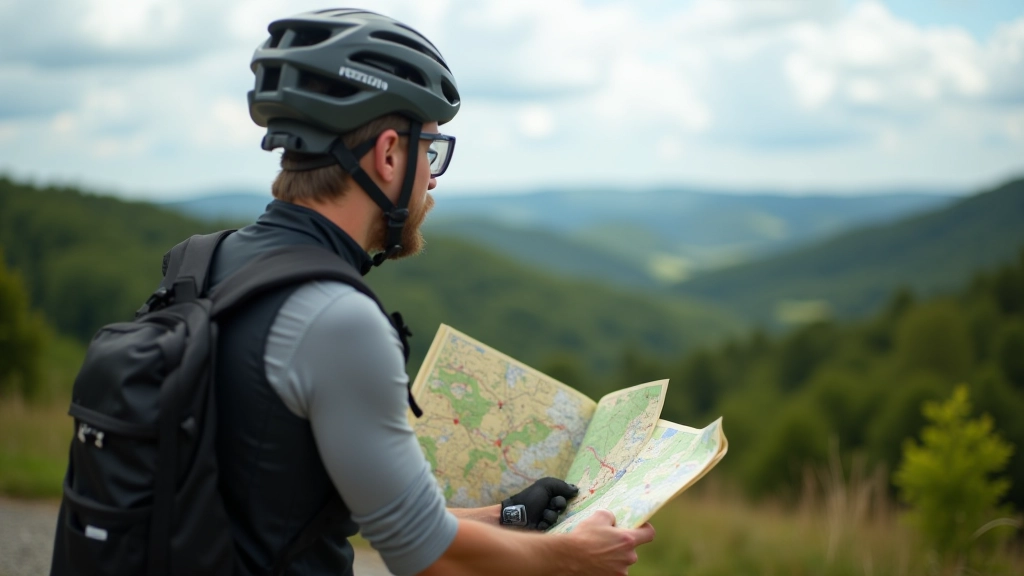 Cyclist consulting route information at a scenic overlook point on a greenway