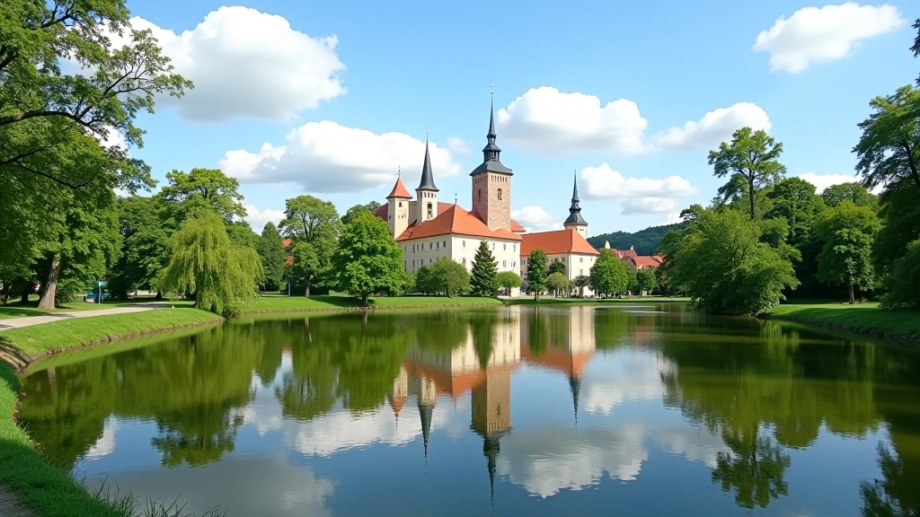 Historic castle with towers reflected in still fishpond water, cycling path in foreground along water's edge, blue sky and white clouds above