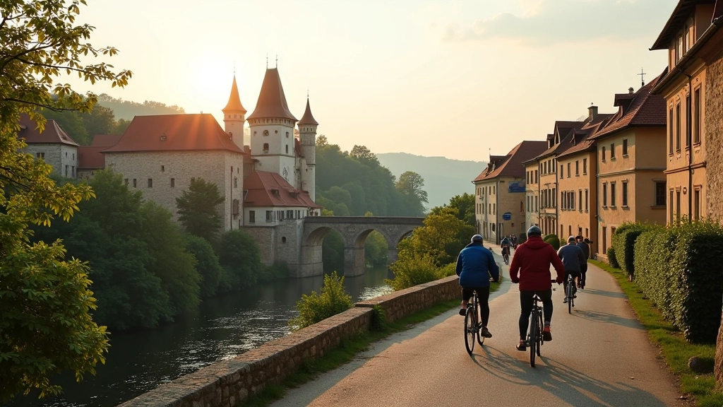 Historic medieval town of Znojmo with castle overlooking river valley, European architecture with stone buildings
