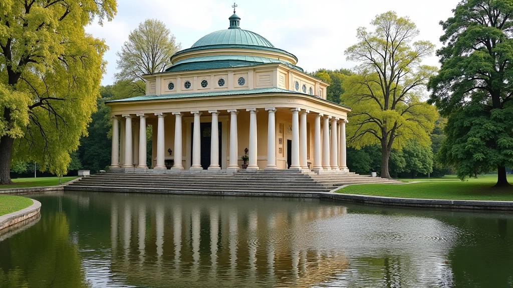 Spa pavilion architecture with columns reflected in calm water, riverside park setting