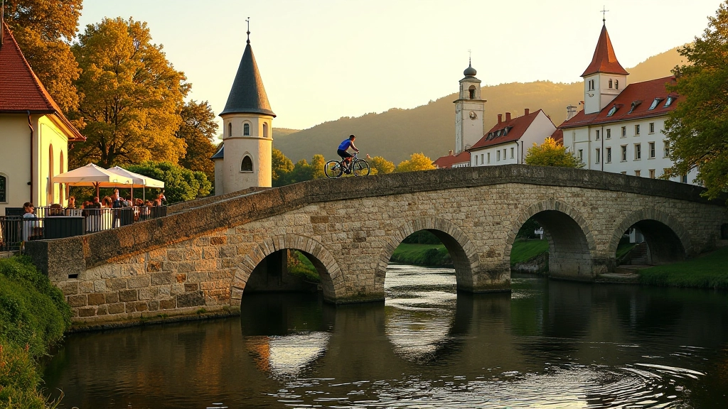 Historic stone bridge over Vltava River with medieval architecture and cyclist crossing at sunset