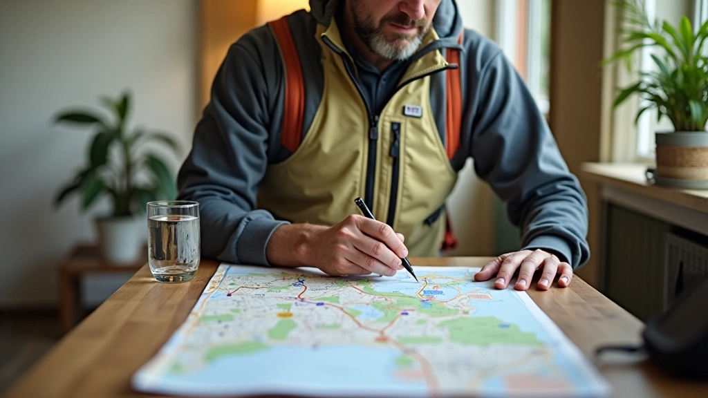 Tomáš Dvořák working at his desk with cycling maps and route documentation materials, outdoor research setup