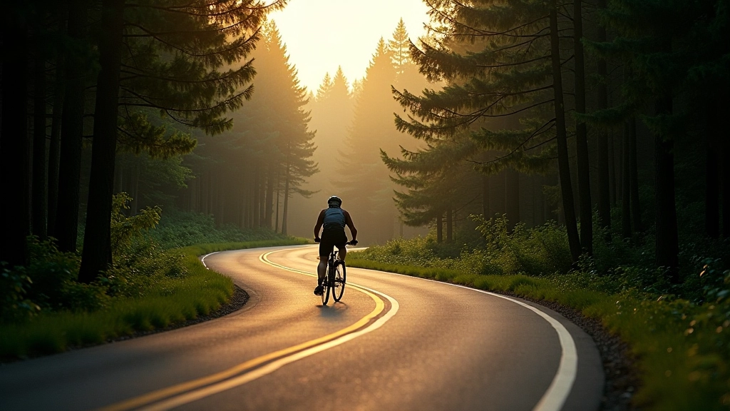 Mountain road climbing through dense forest with hairpin turn visible, cyclist silhouette on winding asphalt, pine trees creating natural corridor
