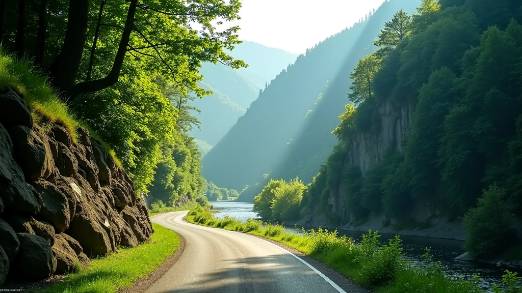 Narrow paved road winding through deep valley with steep forested hillsides on both sides, river visible below, soft dappled light through trees
