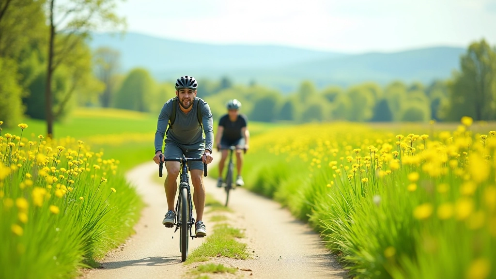 Cyclists riding on a scenic greenway through Czech countryside with rolling hills