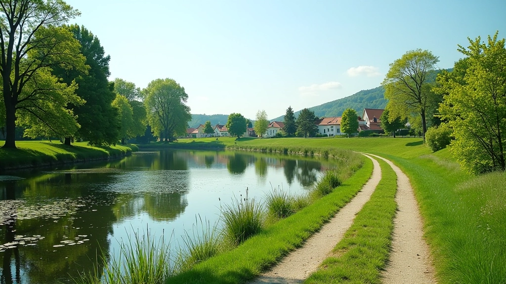 Scenic fishpond landscape with flat cycling path along water's edge, traditional Czech village visible in distance, trees reflected in still water