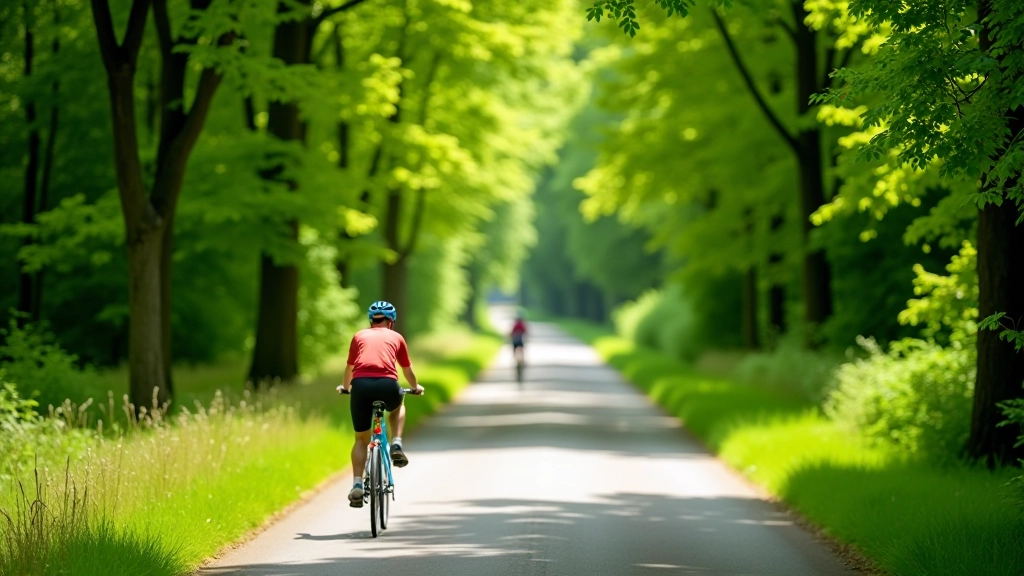 Paved bike path lined with green trees stretching into distance on a sunny day