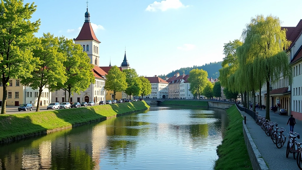 Small riverside town with buildings and a cycling path running alongside the water