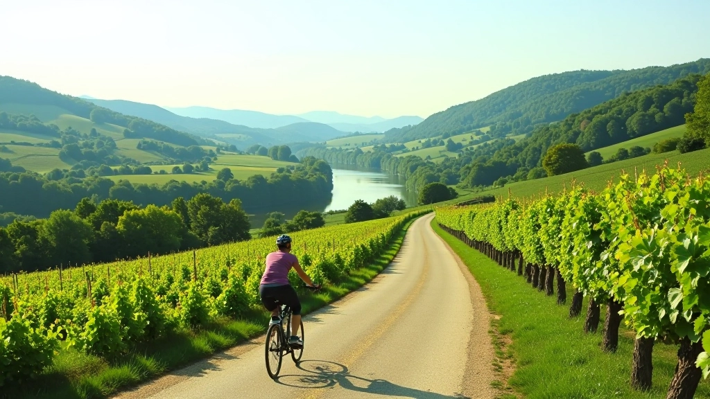 Vineyard-covered hills overlooking Vltava River valley with cycling path below